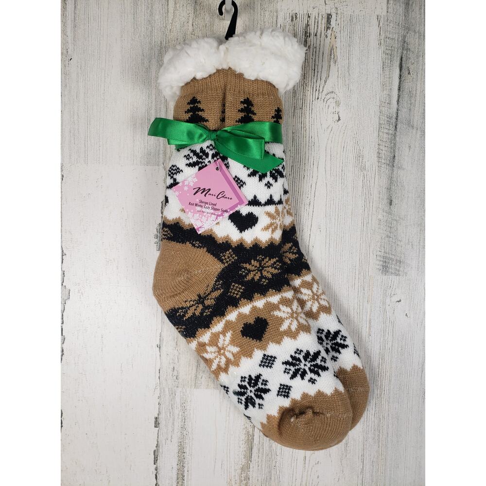 NWT Sherpa Lined Knit Winter Snowflake Holiday Design No-Slip Slipper Socks